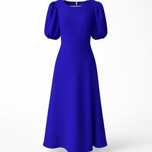 Alexia Admor Royal Blue Midi Dress Puff Sleeve Slit Cocktail Wedding Guest Sz 10